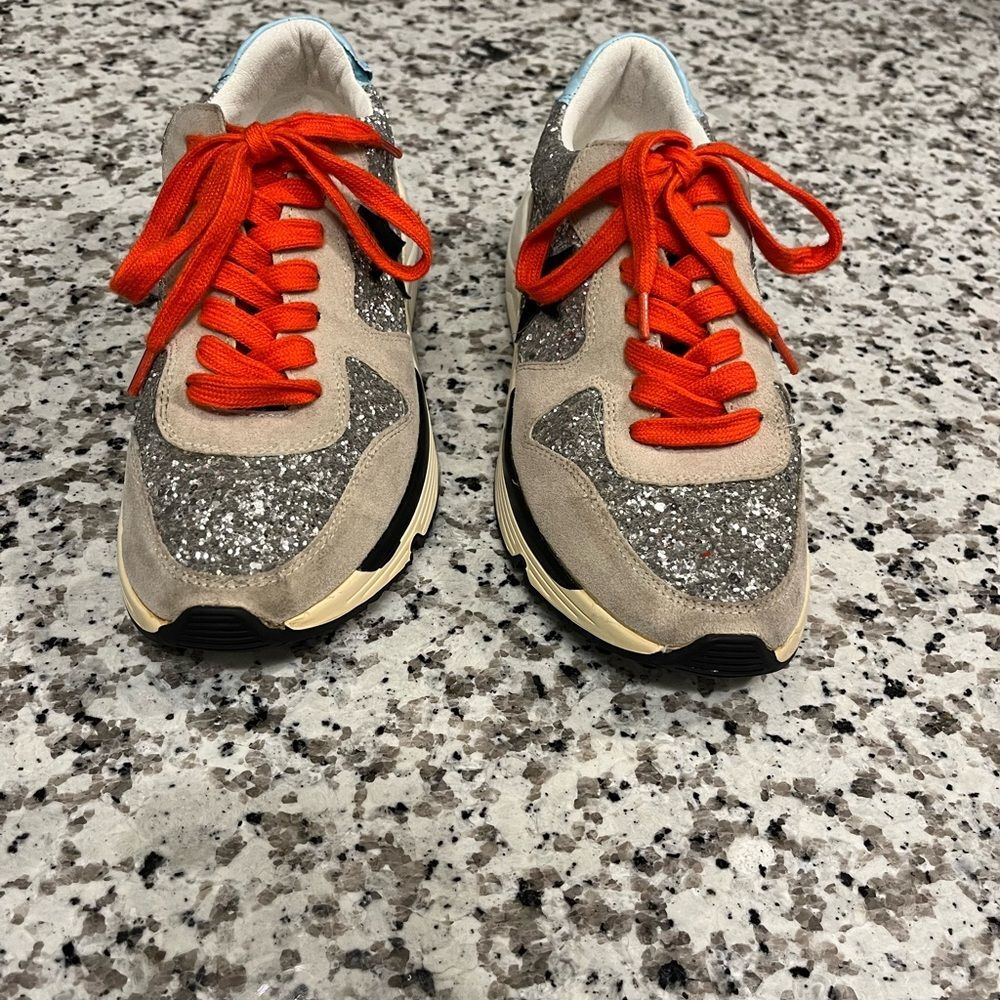 Womens White Raven Sparkling Glitter Sneakers with Orange Laces